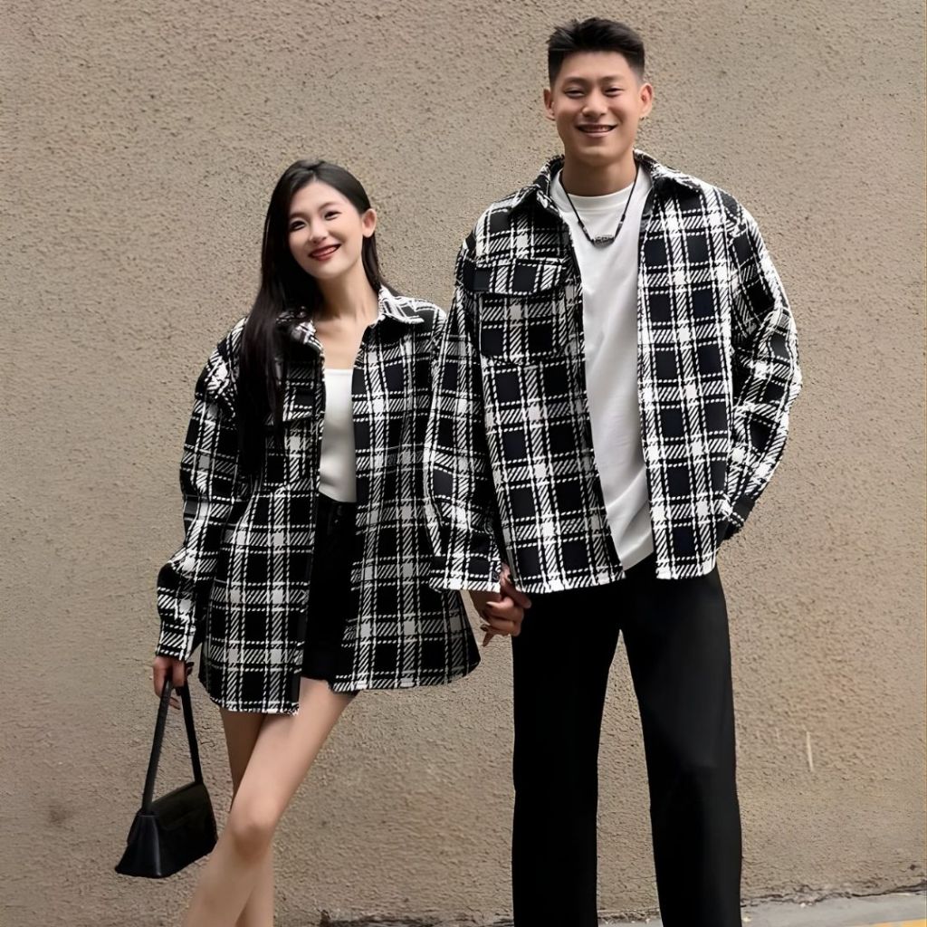 Couple Set | kemeja kotak pria topi caps + kemeja kotak celana pendek hotpants | Outfit Couple Pasan