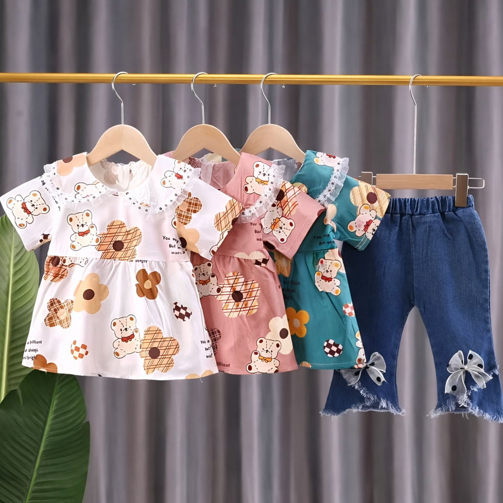 PAKAIAN IMPORT ANAK || SETELAN KATUN SHANGHAI CELANA JEANS RAWIS & KEMEJA MOTIF BERUANG // PAKAIAN I