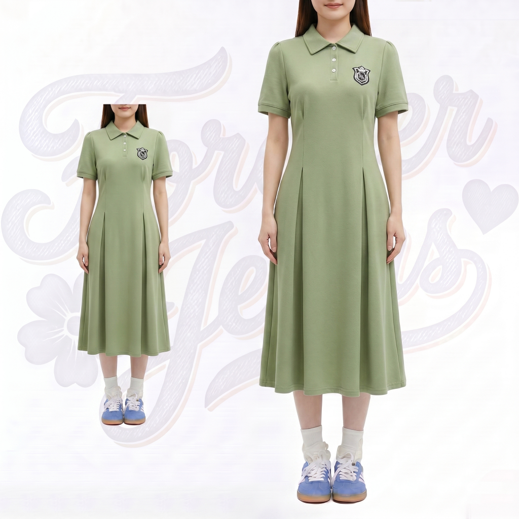 Forever Jeans dress hitam korean style gaun polo lengan pendek dress panjang dress midi