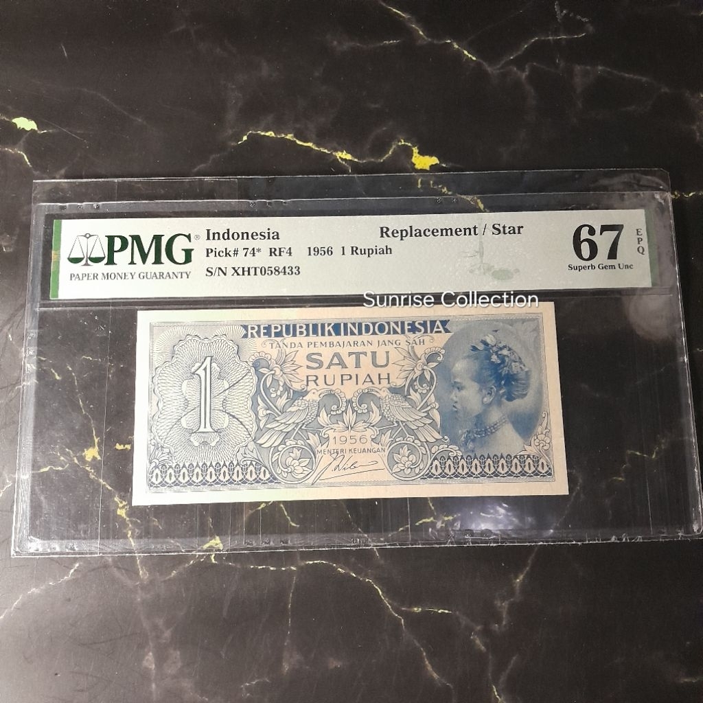 Uang Kuno PMG 67 EPQ 1 Rupiah Biru Tahun 1956 Seri X Replacement