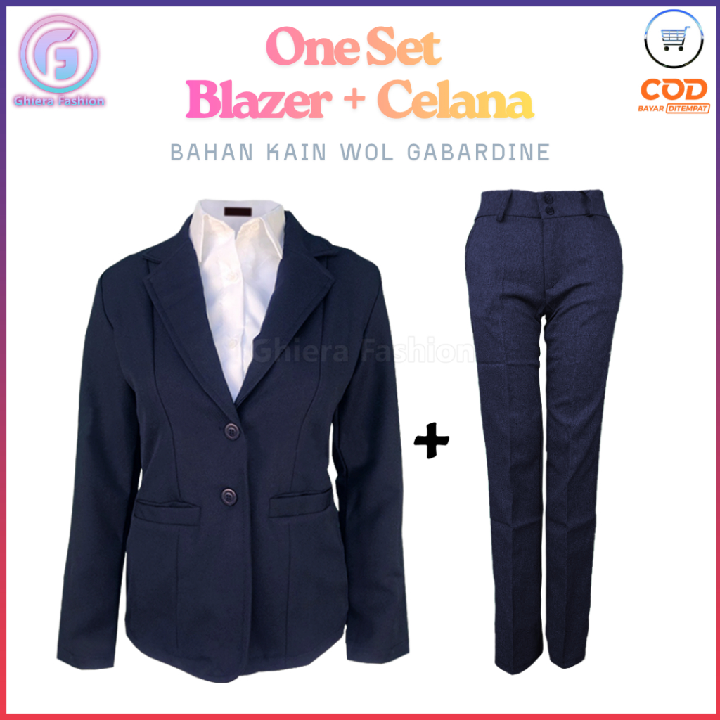 One Set Blazer dan Celana Kerja Wanita Kantoran Kantor Formal Cewe Bahan Wol Gabardine Ukuran Regule