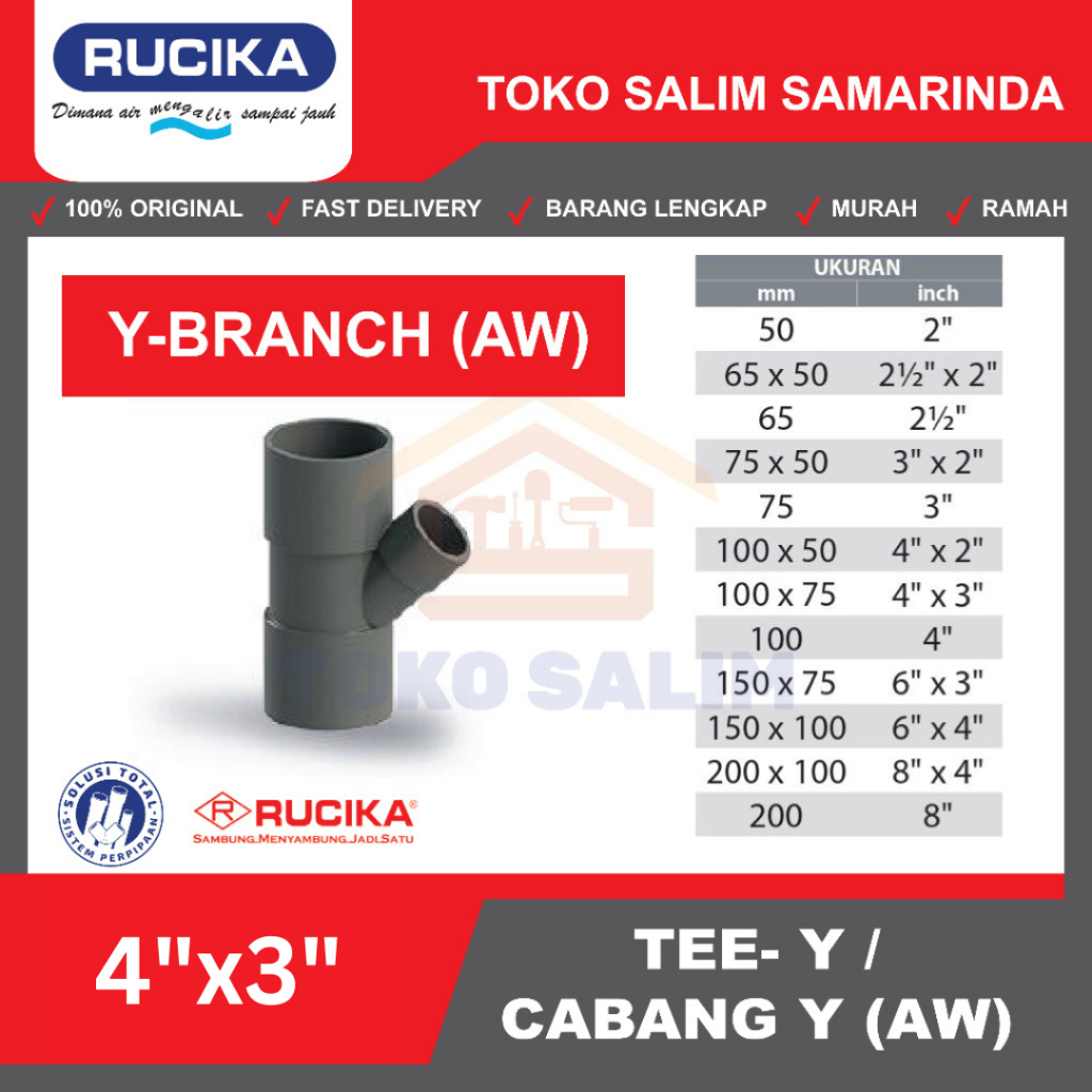 Y Branch Rucika JIS AW 4x3 Inch | Tee Y 45 Derajat TY45 Rucika AW 4x3 Inci