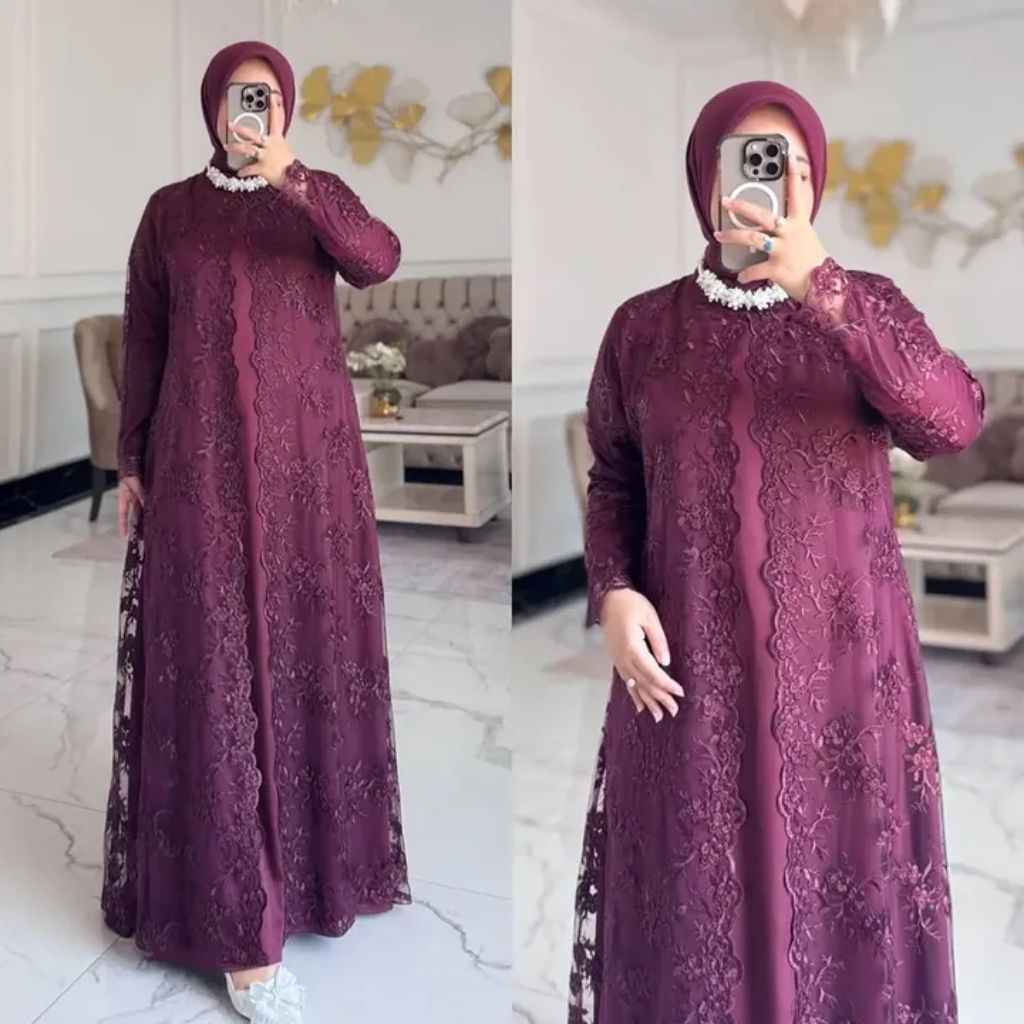 Gamis Brokat Velvet Mix Zellina Dress Baju Kondangan Pesta Mewah Model Longgar Jumbo