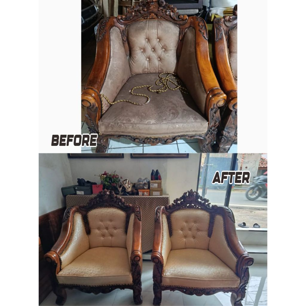 Servis Sofa Kayu Ruang Tamu | Ganti Kain + Busa