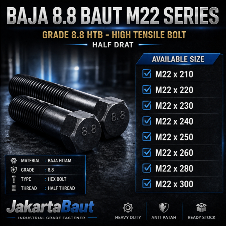 Baja 8.8 Baut M22X300 / Baut 22X300 / M22 X 300 / 22 X 300  Grade 8.8 HTB - High Tensile Bolt Half D