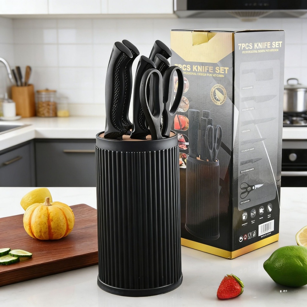 Pisau Dapur 7pcs - Set Pisau Stainless Steel + Tempat Pisau (Tongkat Silinder)