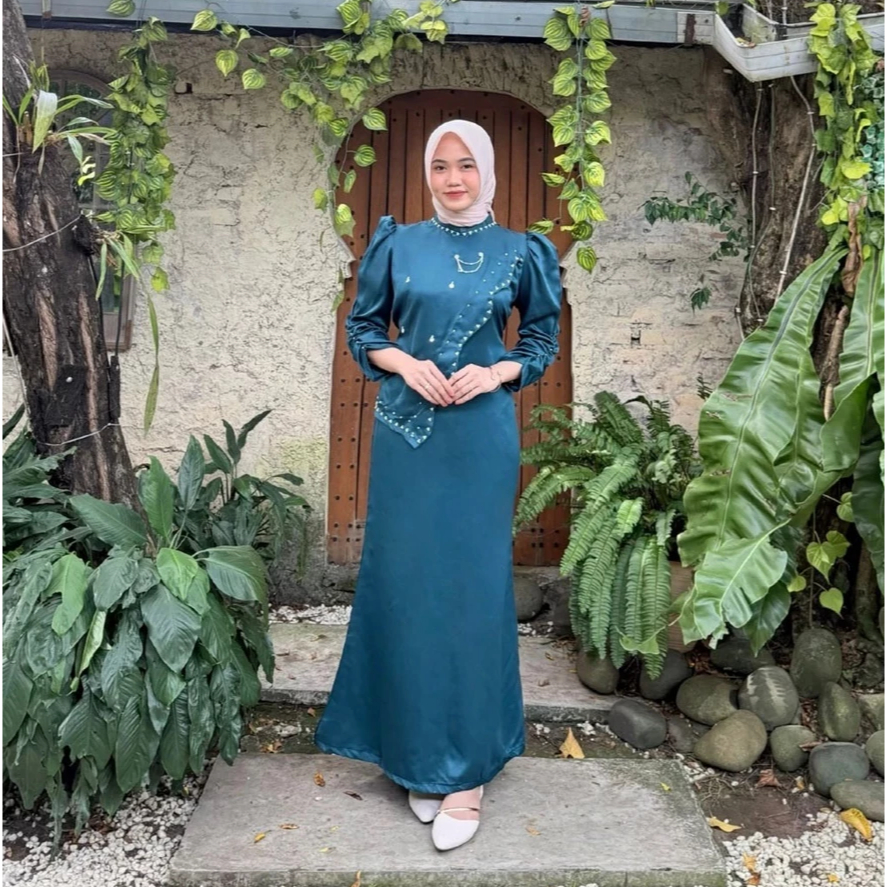 Alena Dress Satin Baju Payet Elegan Simpel Gamis Kondangan Bridesmaid