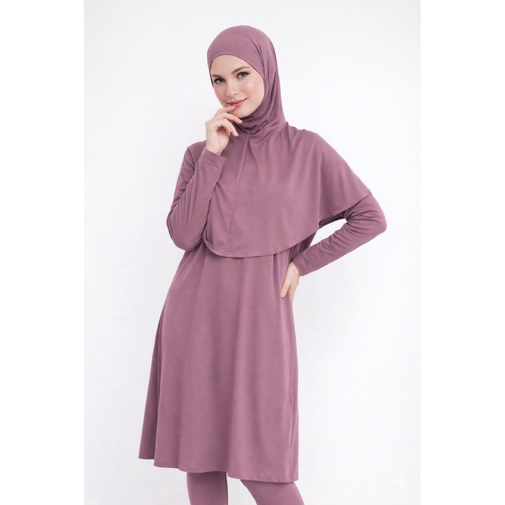 ZAWA Tunis Kurta Muslimah Swimwear Mauve - Baju Renang Muslimah Hijab Syari Sporty Remaja Perempuan