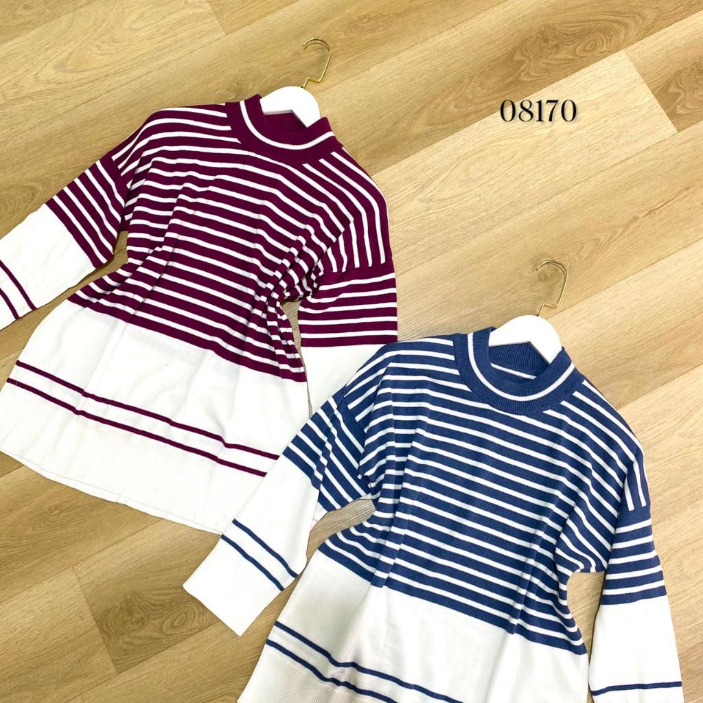 521993 - 08170 SWEATER RAJUT OVERSIZE TURTLE NECK SALUR ATASAN SWEATER RAJUT WANITA MOTIF GARIS STRI