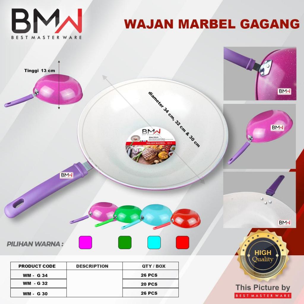 BMW Wajan Marbel Kuali Gagang Warna Penggorengan Wok Pan Stainless Steel