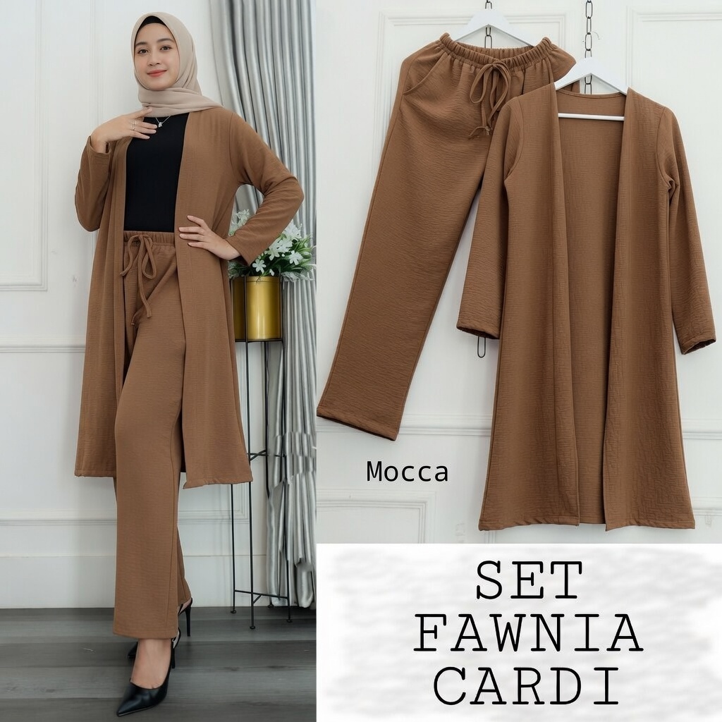 Setelan Wanita Kekinian Set Fawnia Cardi Setelan Cardigan Remaja Muslimah Bahan Cringcle Size M-XXL