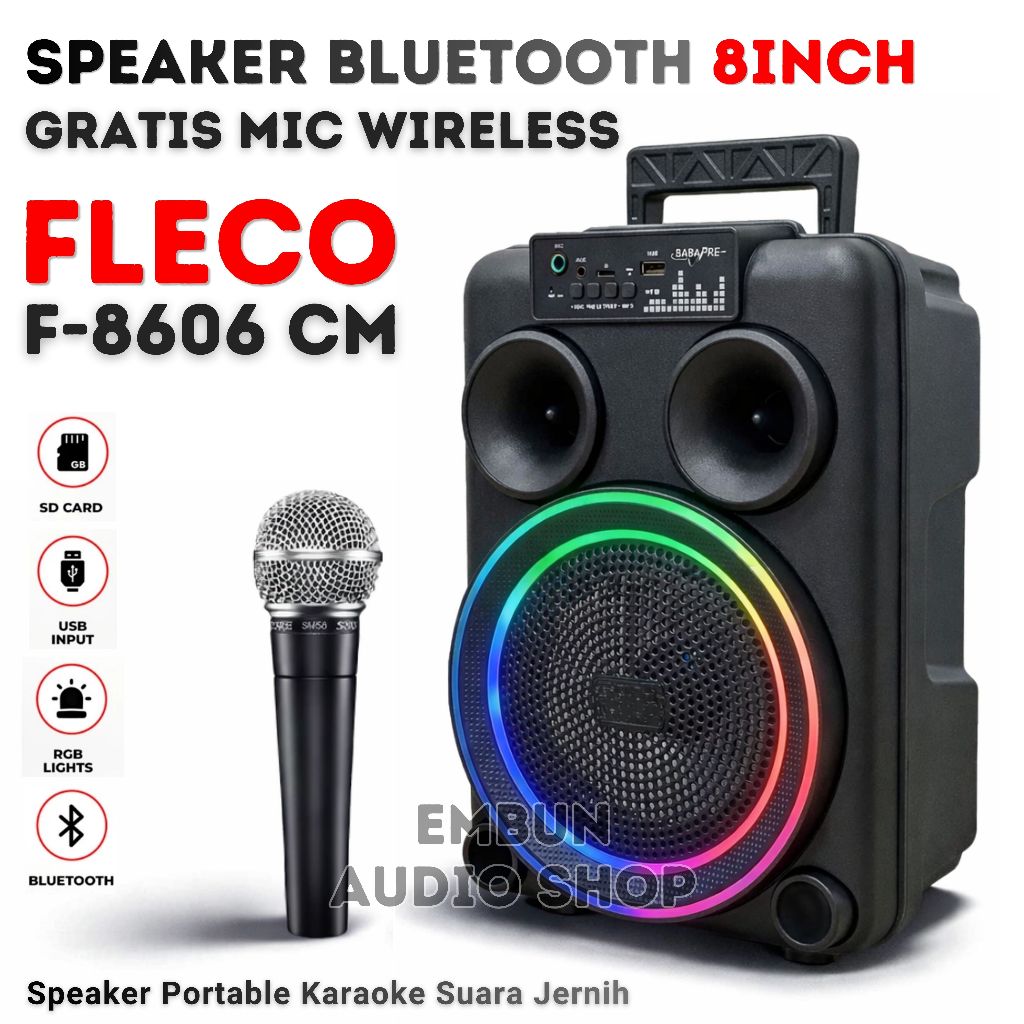 Speaker Bluetooth Free Mic Karaoke Tanpa Kabel Suara Jernih Ukuran 8inch Super Bass FLECO F-8606 CM 