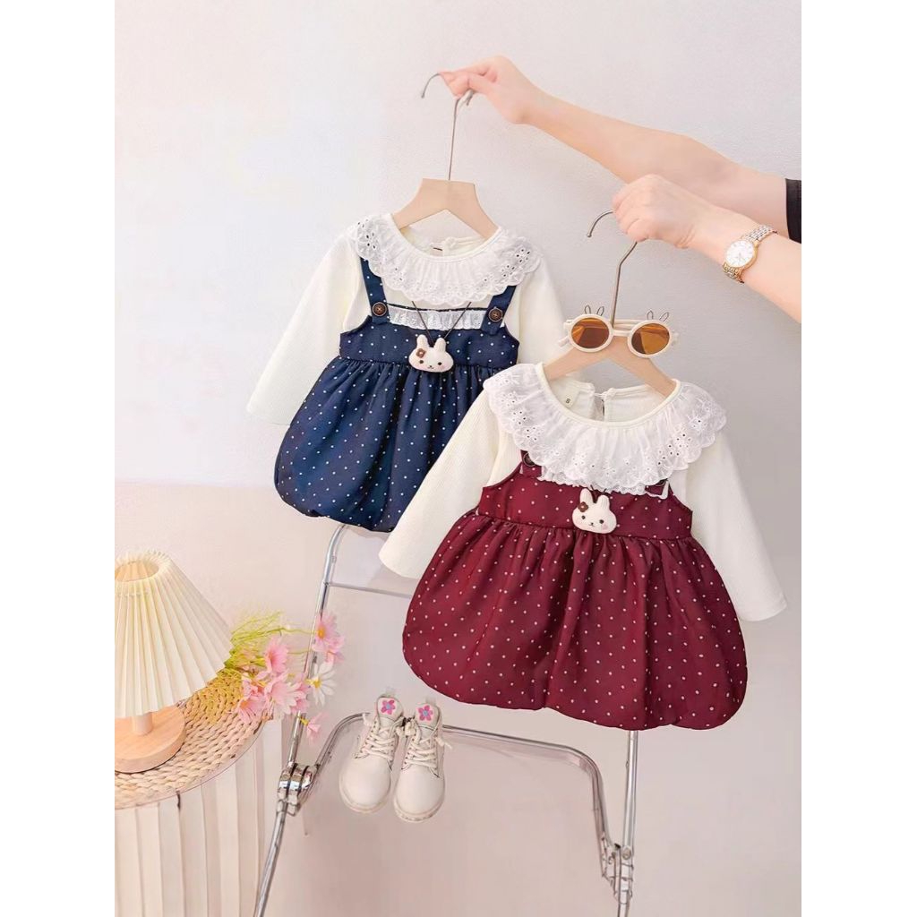 Baju dress anak kecil lengan panjang motif polos Boneka beruang timbul Pakaian anak perempuan Fashio