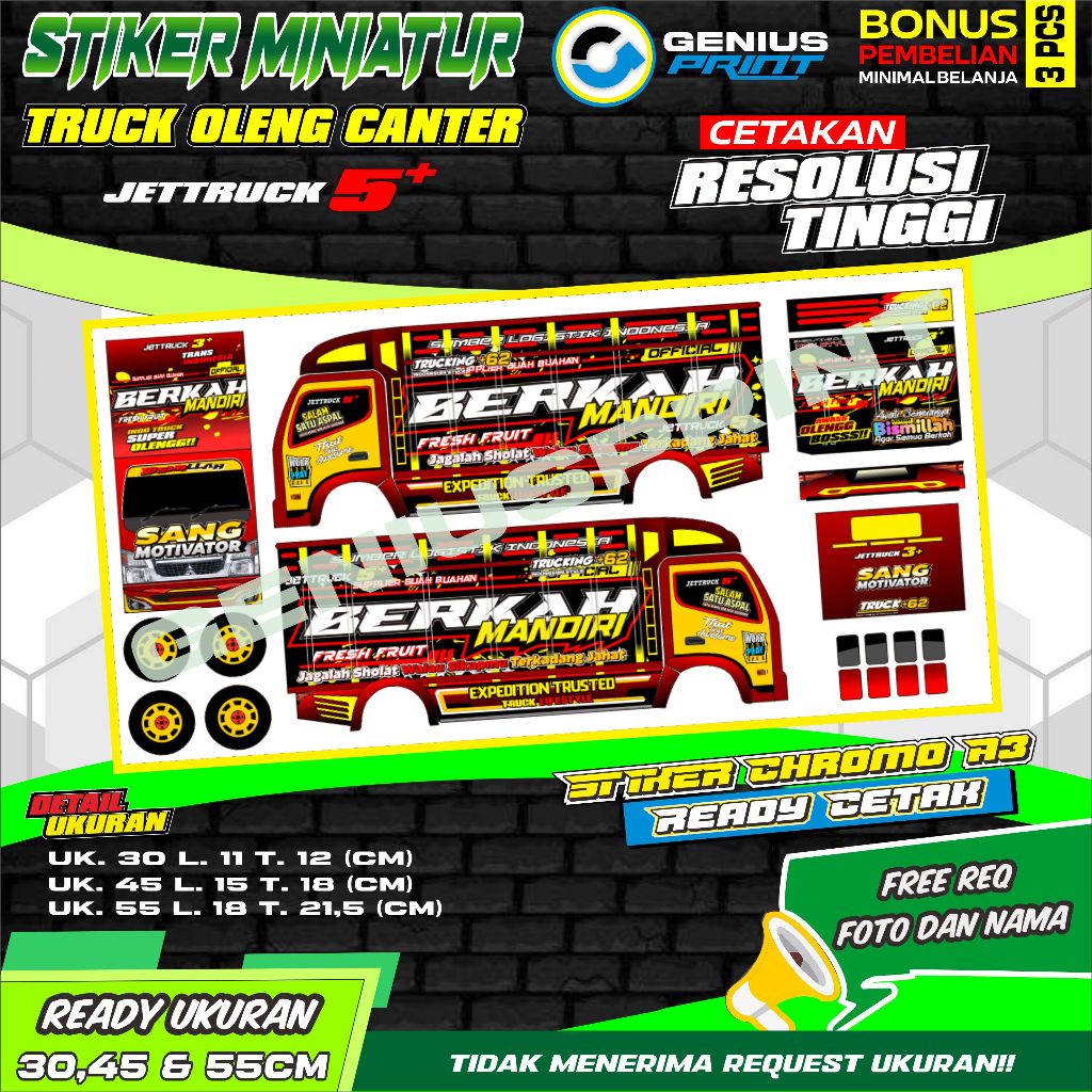 [Stiker Cromo A3] Miniatur Truk Oleng Canter Variasi Motif Tulisan Uk. 30-55cm
