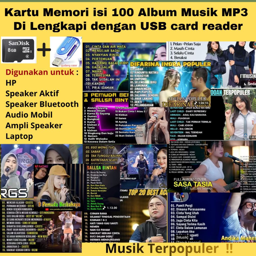 Kartu Memori 16 Gb + USB Full 100 Album Musik MP3  Terpopuler isi Ribuan Lagu