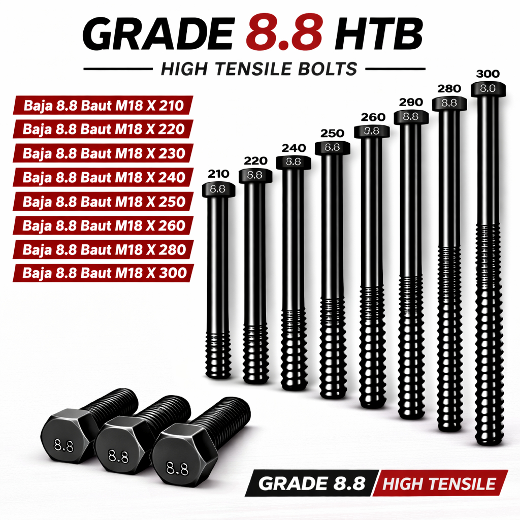 Baja 8.8 Baut M18X300 / Baut 18X300 / M18 X 300 / 18 X 300  Grade 8.8 HTB - High Tensile Bolt Half D