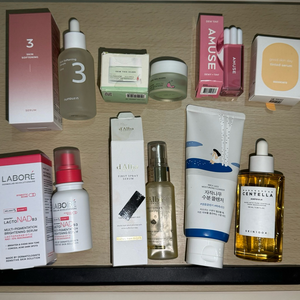 PRELOVED and New Secondate Skin Tint, d’Alba serum spray, Labore Lactonad, Skin 1004 Ampoule, roundl