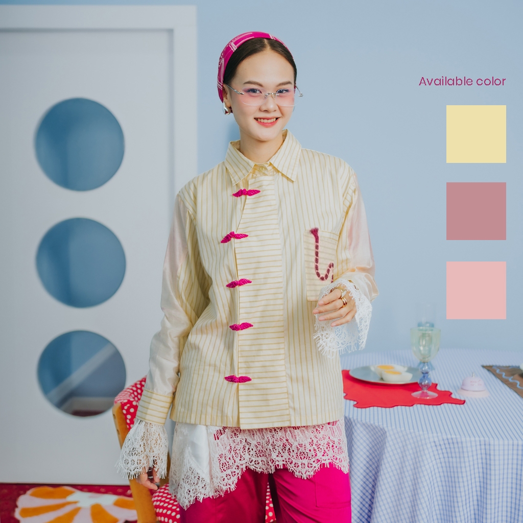 Counique Atasan Kemeja Wanita Lengan Panjang Boxy Oversized Shirt katun salur kuning pink kancing Ch