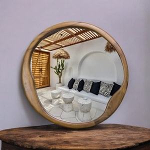 CUSTOM ESTETIK GANTUNG CERMIN WASTAFEL BULAT BESAR KAYU JATI SOLID -  60, 70, 80 cm
