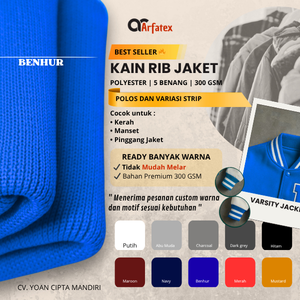 Rib rajut untuk kerah, lengan dan pinggang jaket biru benhur rajut premium