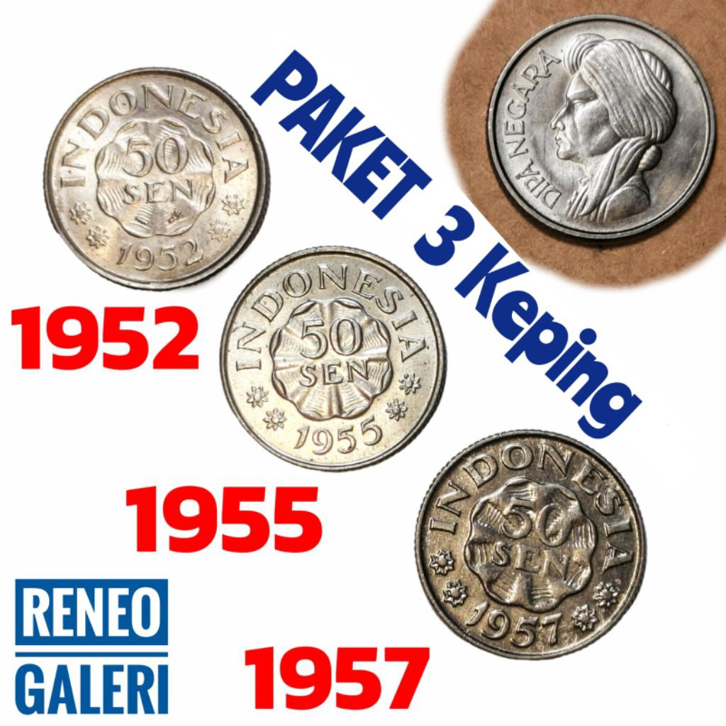 Berkilau Set 3 Tahun cetak 50 Sen Diponegoro Dipanegara 0,5 Rupiah paket tahun 1952 1955 1957