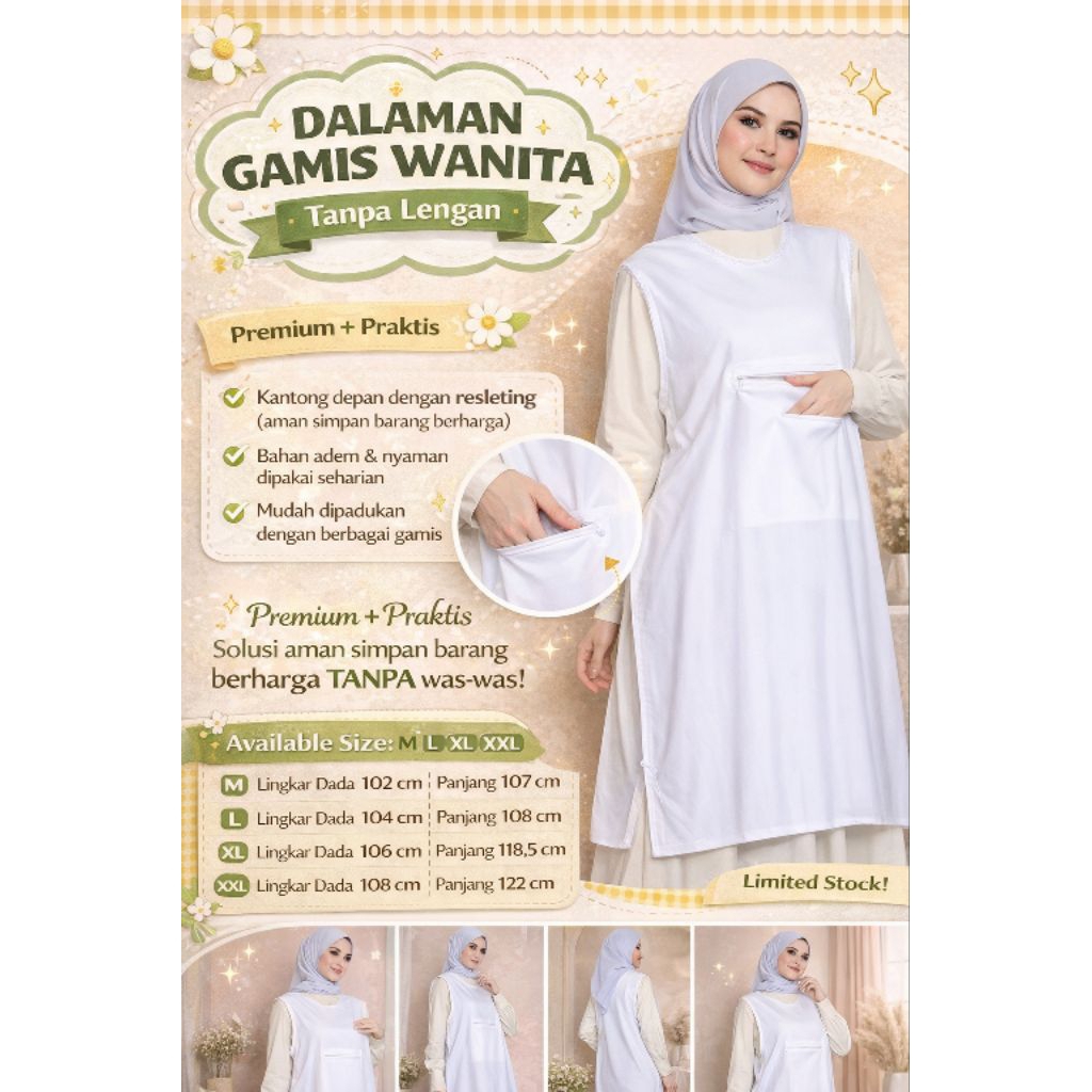 Dalaman Gamis Wanita Tanpa Lengan Polos Putih | Inner Dress Muslimah Premium Ada Saku Resleting