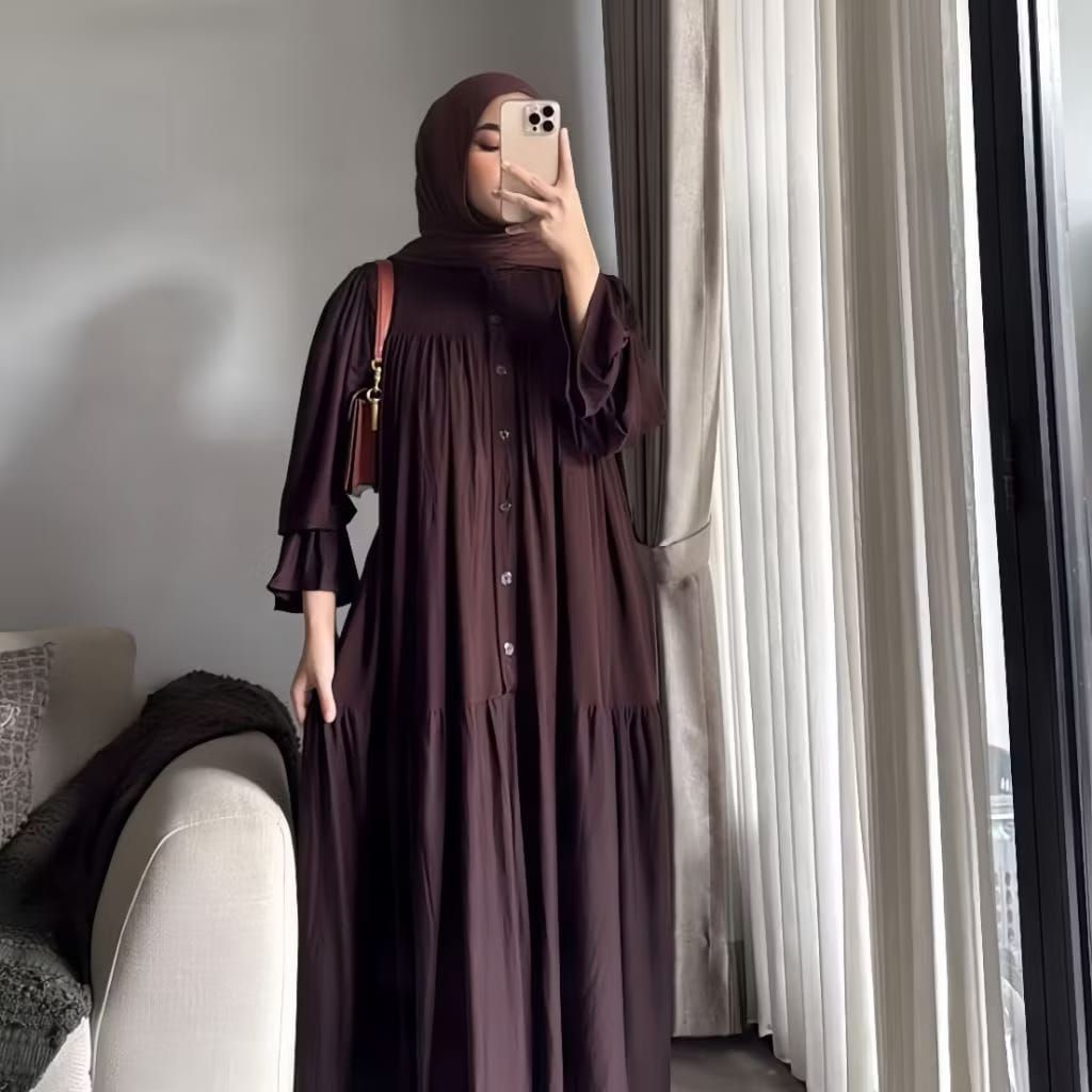 Gamis Wanita Polos Rayon Twill Busui Lengan Balon//Gamis Lebara Terbaru Kekinian