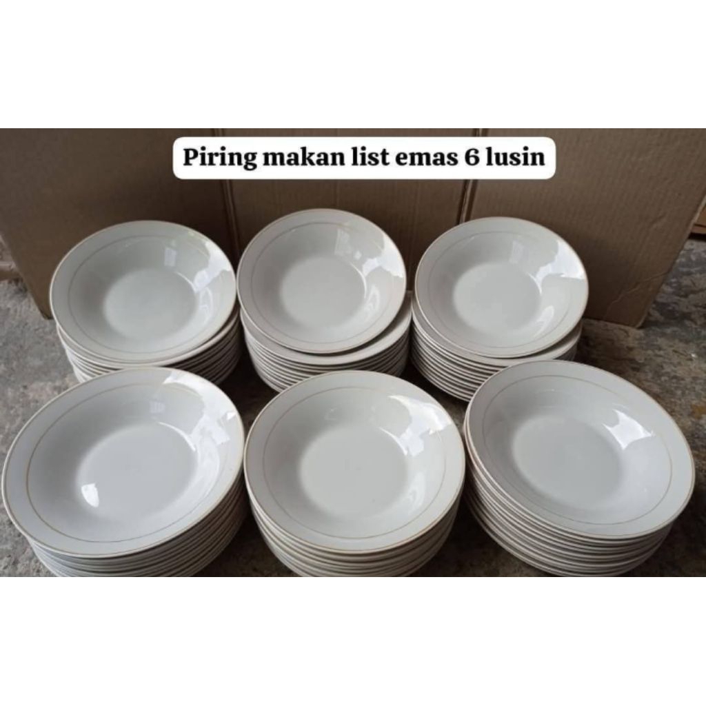 PIRING MAKAN Keramik 9inch putih list emas 6lusin