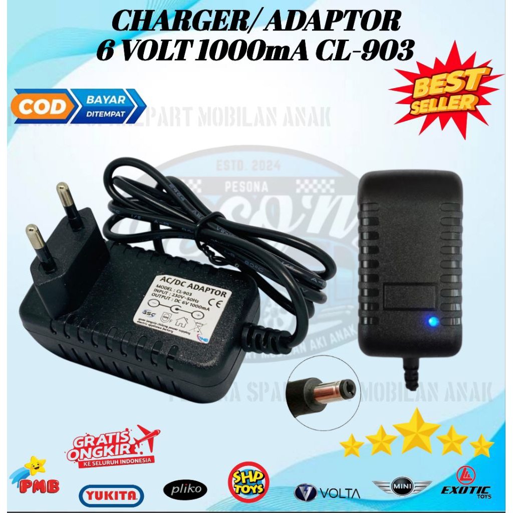CHARGER MOTOR MAINAN ANAK ADAPTOR CL 903 6VOLT 1000mA MICKEY VESPA SCOOPY PCX NMAX