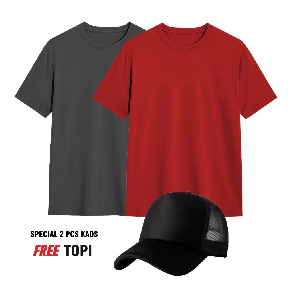 Bundling 2 Pcs Free Topi (COD) Kaos Polos Abu tua-Merah Kaos Pria-Wanita Terbaru Premium Quality