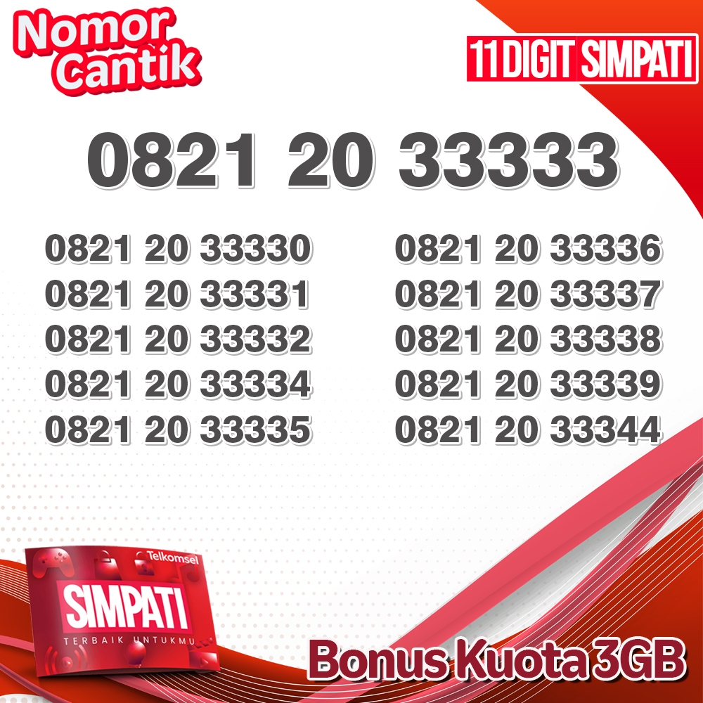 Nomor Cantik Telkomsel Simpati 11Digit 3GB Nasional 3333