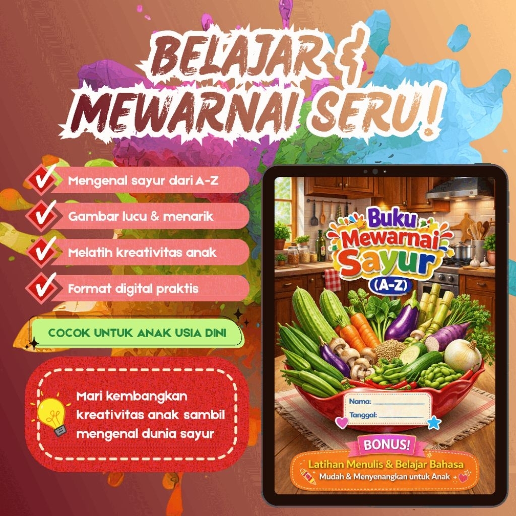 Buku Mewarnai Anak - Edisi SAYUR dari A-Z | Vegetables Coloring Book for Kids (File Digital)