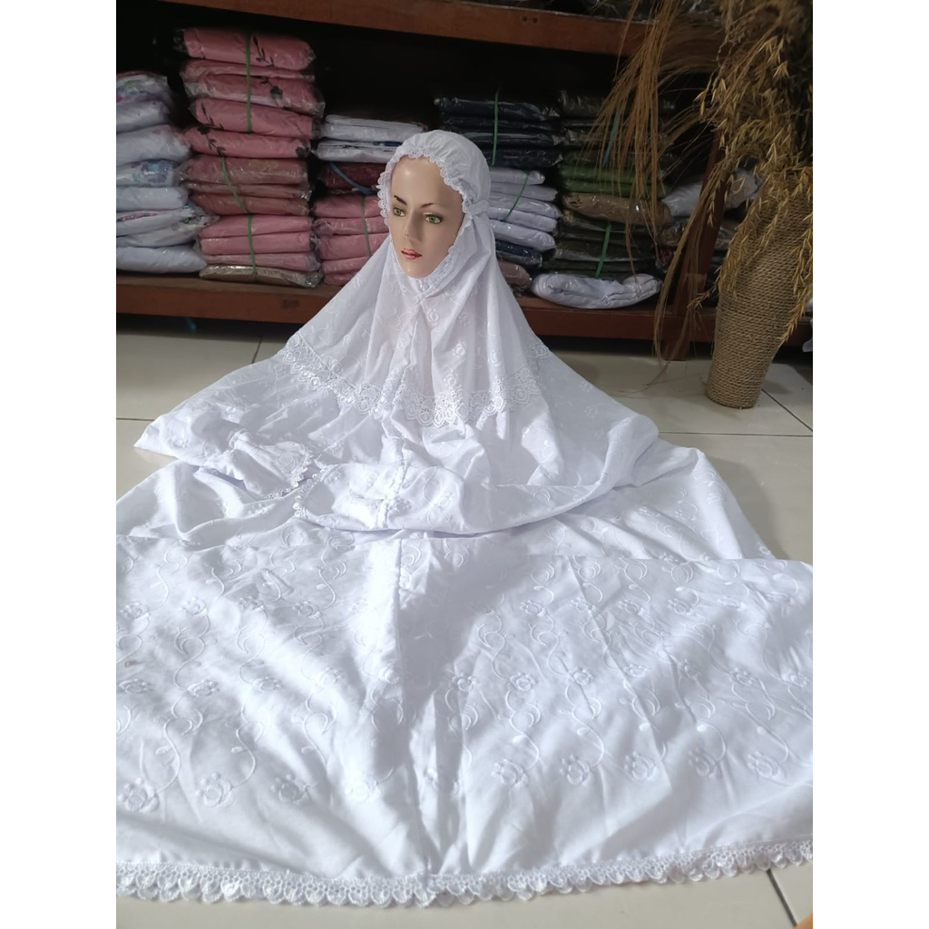 Mukena Terusan Katun jepang putih renda kalung premium