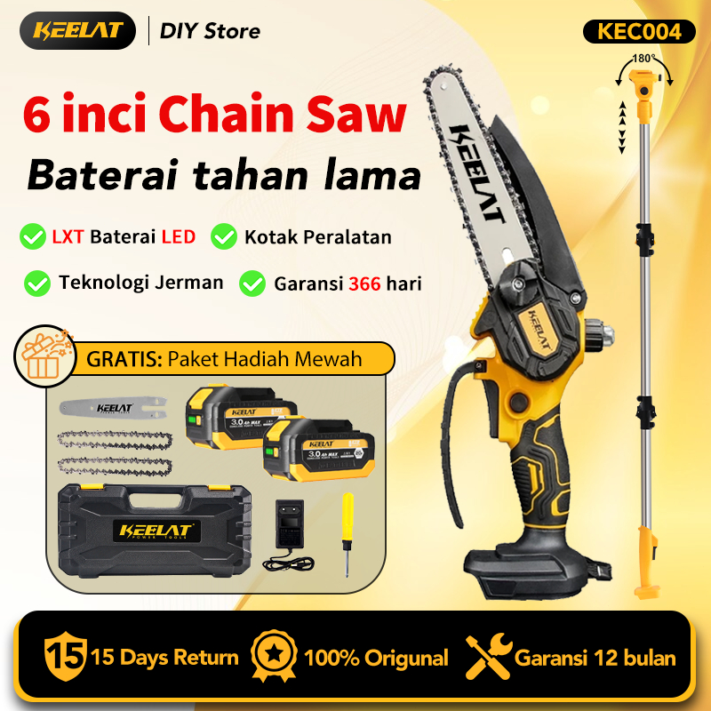 KEELAT 6 Inch Gergaji Mesin Mini Pemotong Kayu Cordless Chainsaw Mini Listrik Portable Lithium