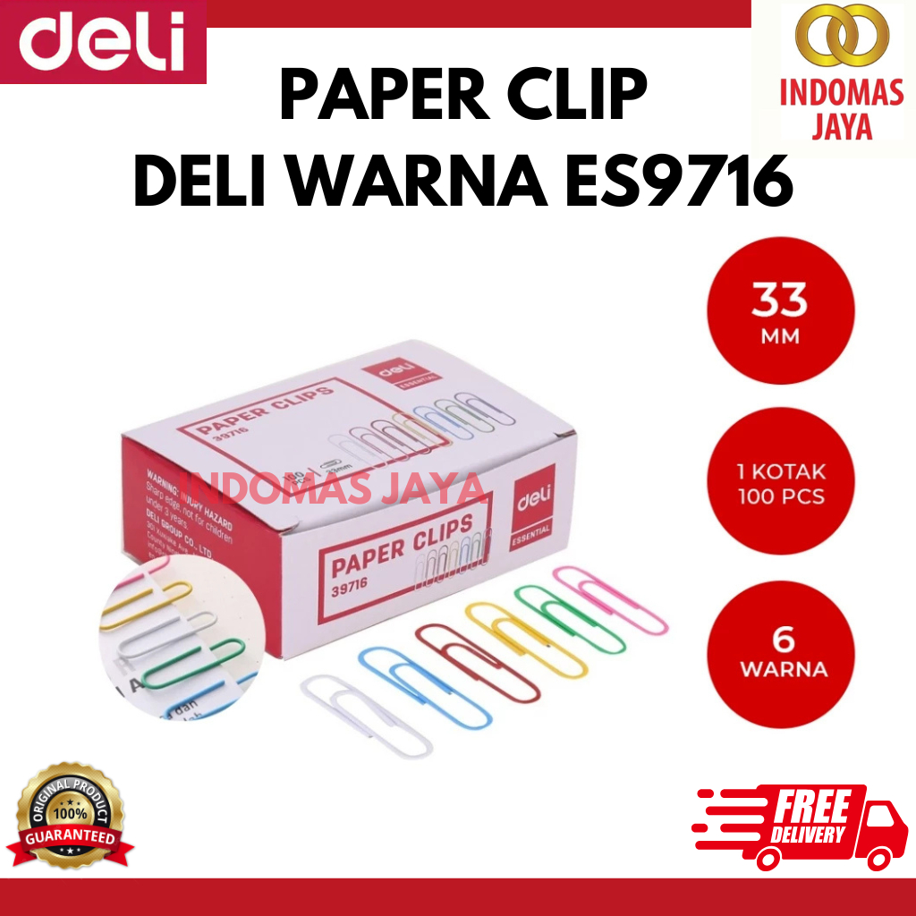 DELI E39716 Paper Clips Kertas Warna warni 33mm 1 Kotak 100 Pcs