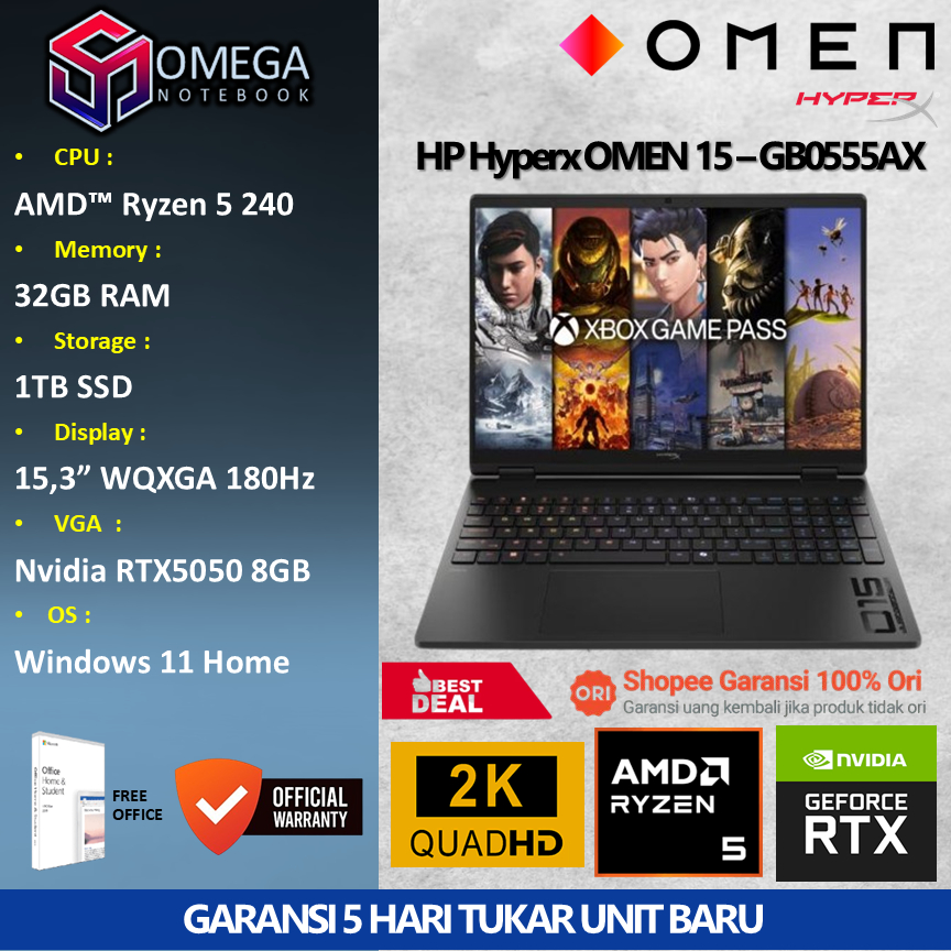 HP HyperX Omen 15 GB0555AX Ryzen 5 240 32GB 1TB RTX5050 8GB 15,3" WQXGA Windows 11 + Office