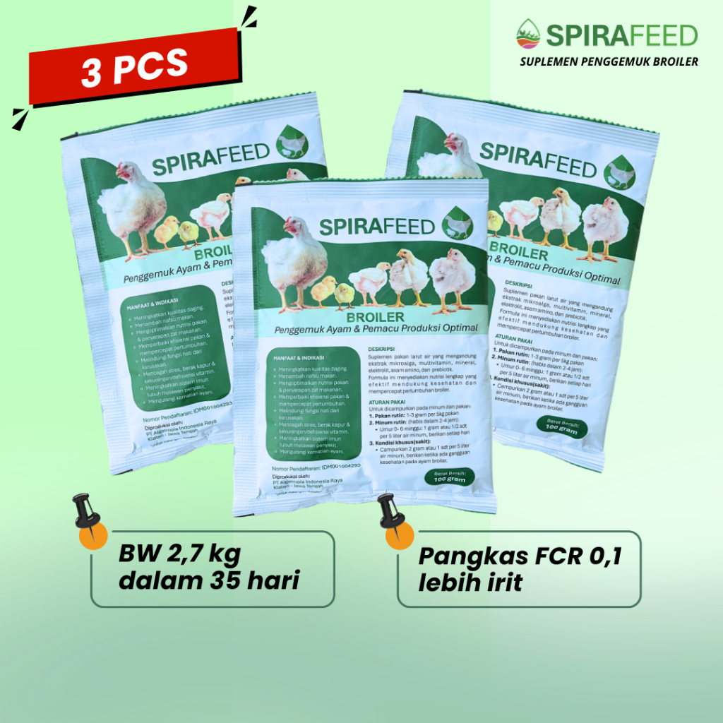 SPIRAFEED Broiler Suplemen Pakan Ayam Pedaging Larut Air | Penggemuk Ayam Broiler |  Paket 3 PCS