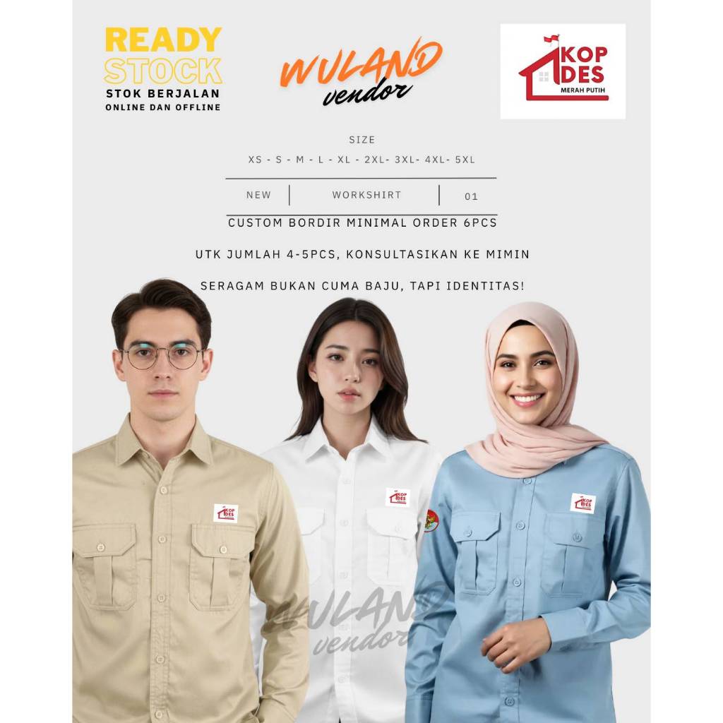 Baju Seragam KOPDES, KDMP, KOPKEL Warna Krem Muda, Putih, Biru Muda, Termasuk Bordir Logo dan Bender