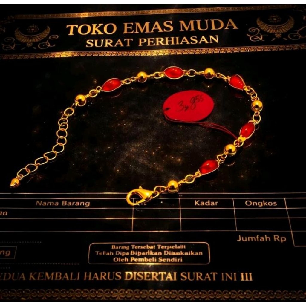 Gelang tangan wanita lapis emas muda motif permata merah