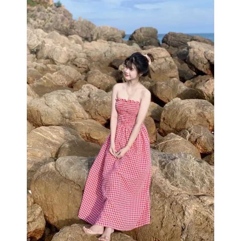 Dress kotak-kotak Tari/Dress Kekinian/Dress Kemben/Dress Korea/Dress Wanita/Dress Maxi Tanpa Lengan