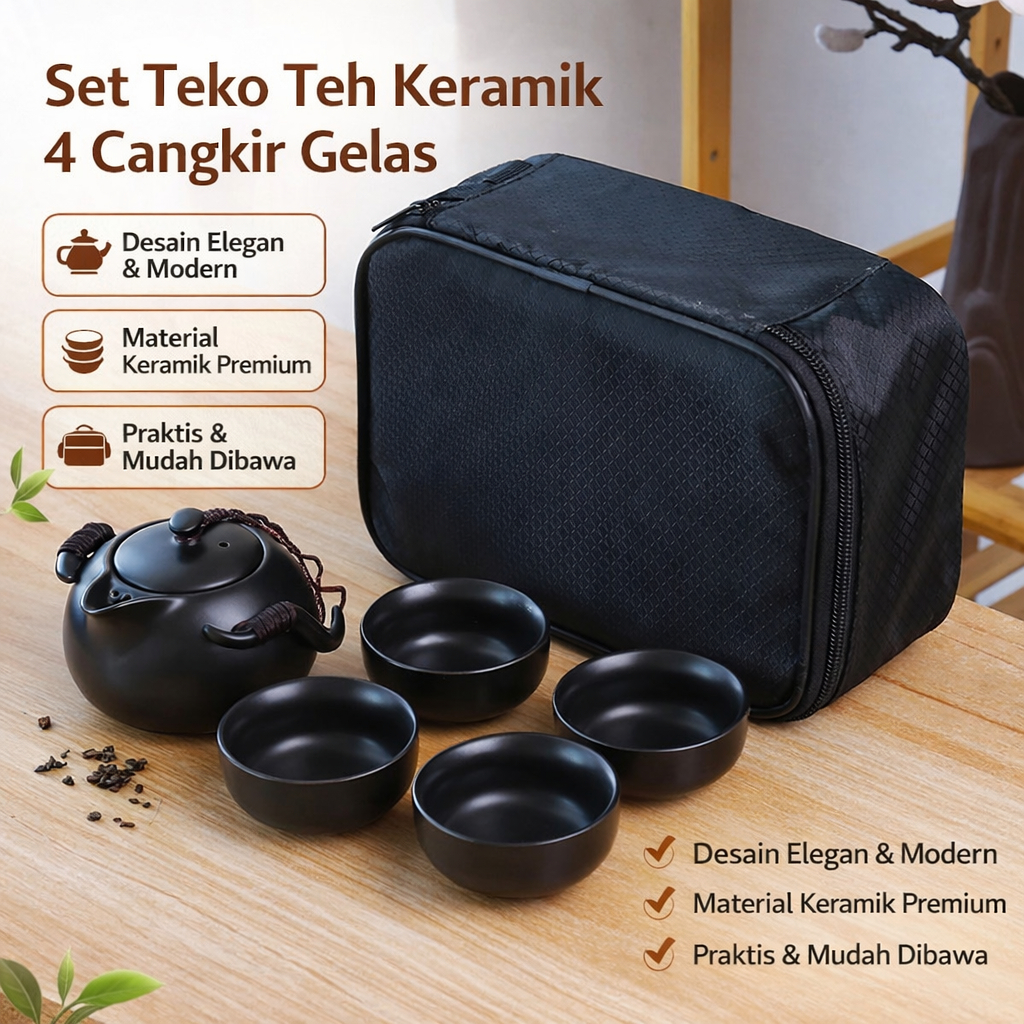 Set Teko Keramik Dan Gelas Teh Tahan Panas Chinese Teapot with 4 Glass Estetik Hampers Hadiah TH2810
