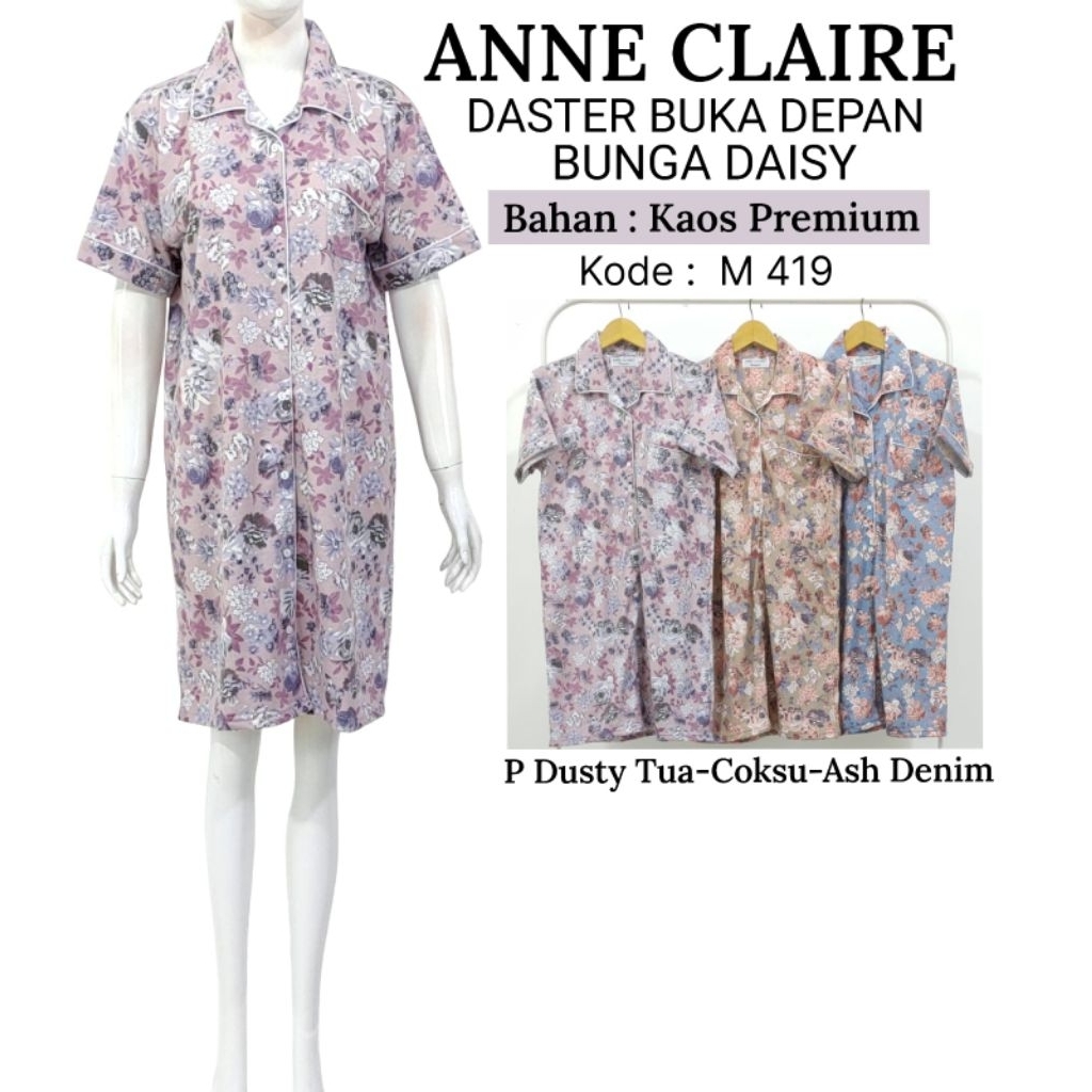 daster lengan pendek anne claire eksklusif/full kancing/kerah/kaos katun