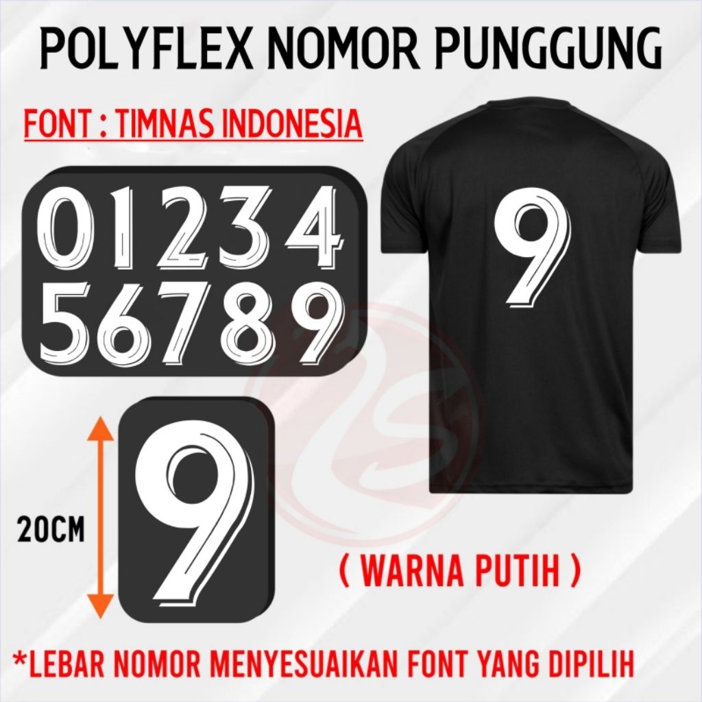 Nomor punggung baju jersey bola stiker angka poliflex nomor font timnas indonesia hitam putih