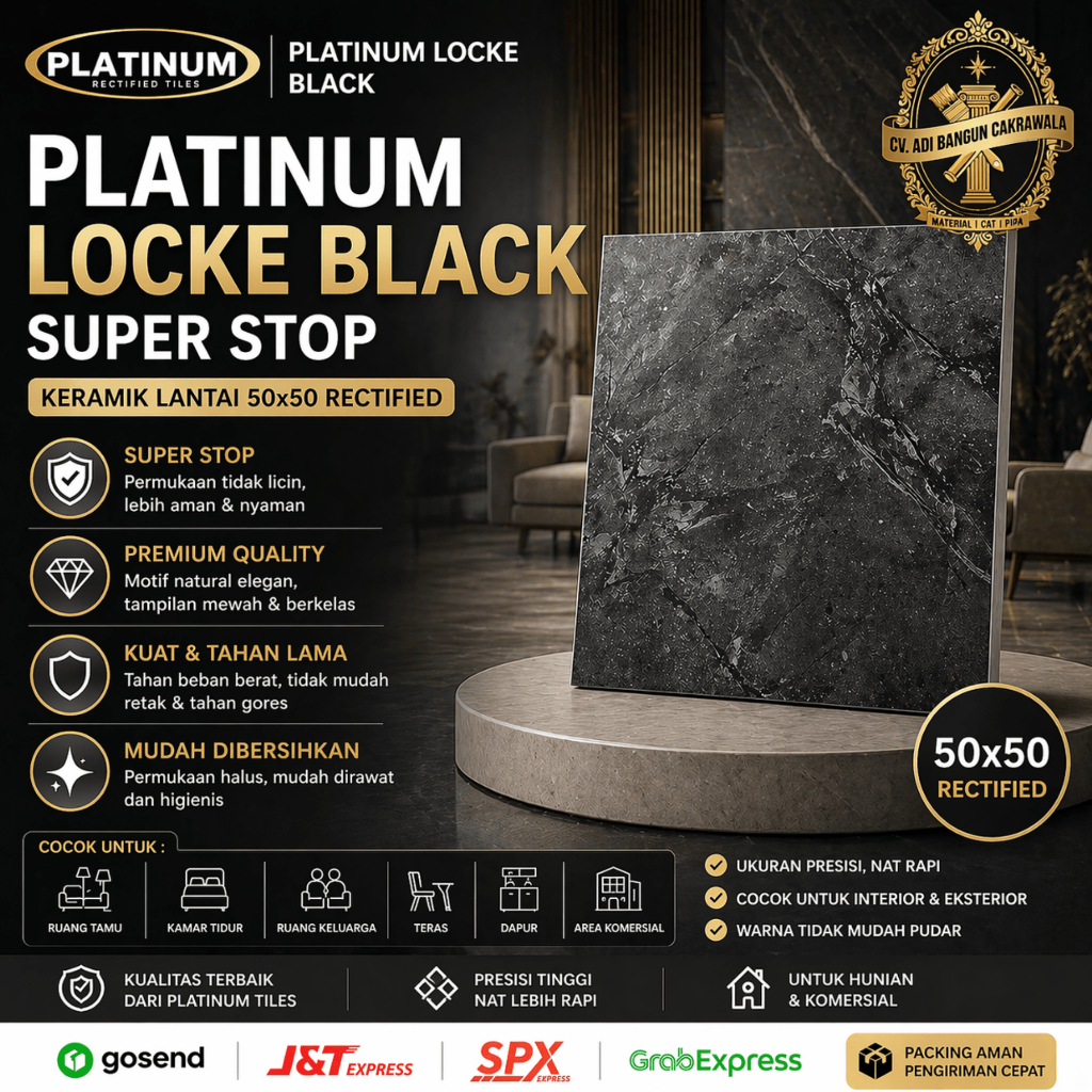 Keramik Lantai Hitam 50x50 Platinum Locke Black Super Stop Anti Licin Premium