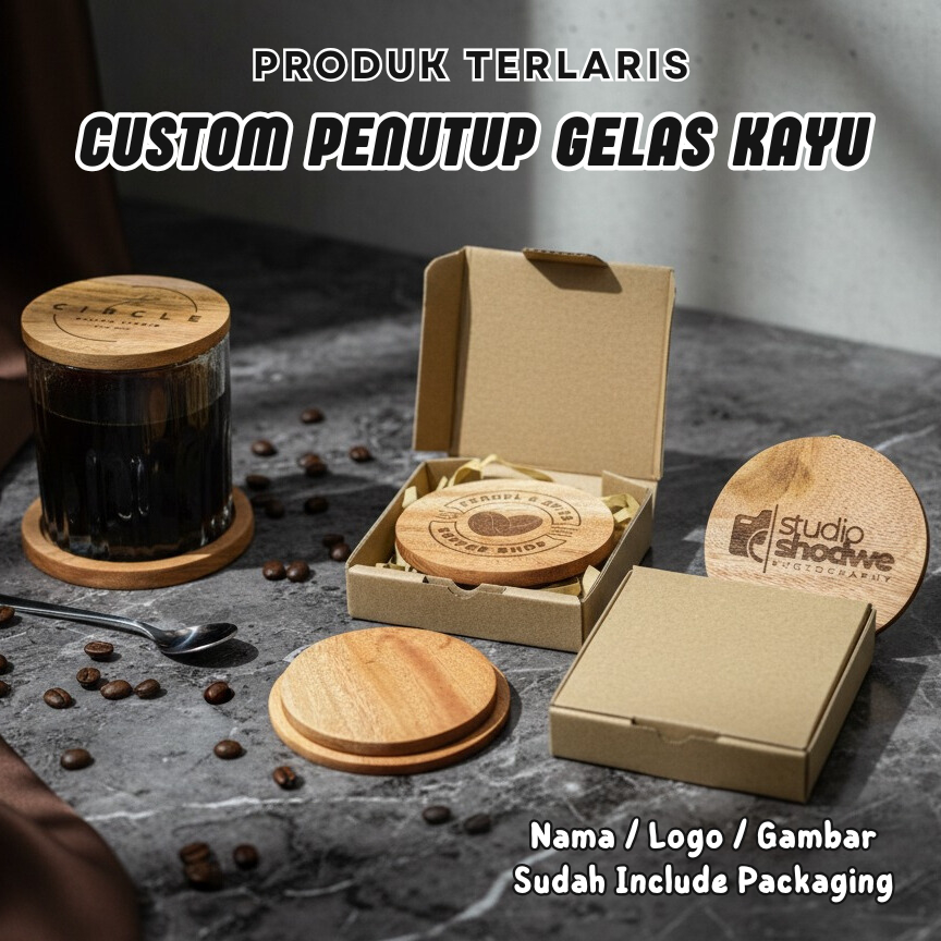 Penutup Gelas Kayu Custom 9 Cm Dengan Packaging Ukir Nama / Logo / Gambar | Tutup Gelas Estetik Kayu