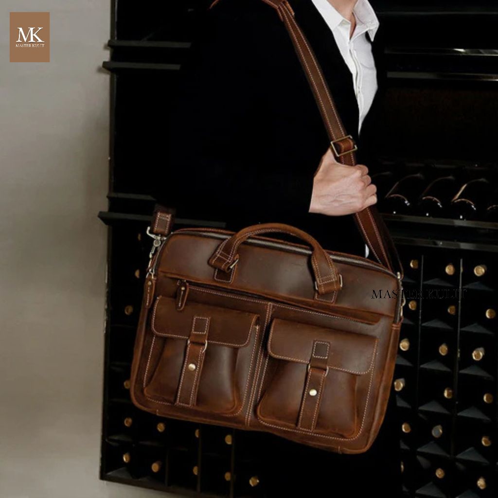 MK Tas Kerja Pria Kulit Asli Vintage MK035 Gaya Bisnis Elegan untuk Kantor dan Bisnis dengan Kantong