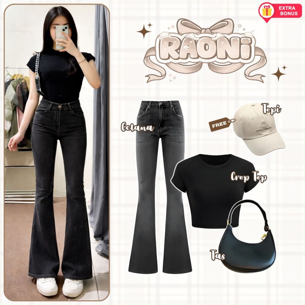 oneset 3in1 (free topi) Atasan Croptop + Celana Jeans Cutbray + Tas Shoulder Bag Bulan Sabit | ootd 