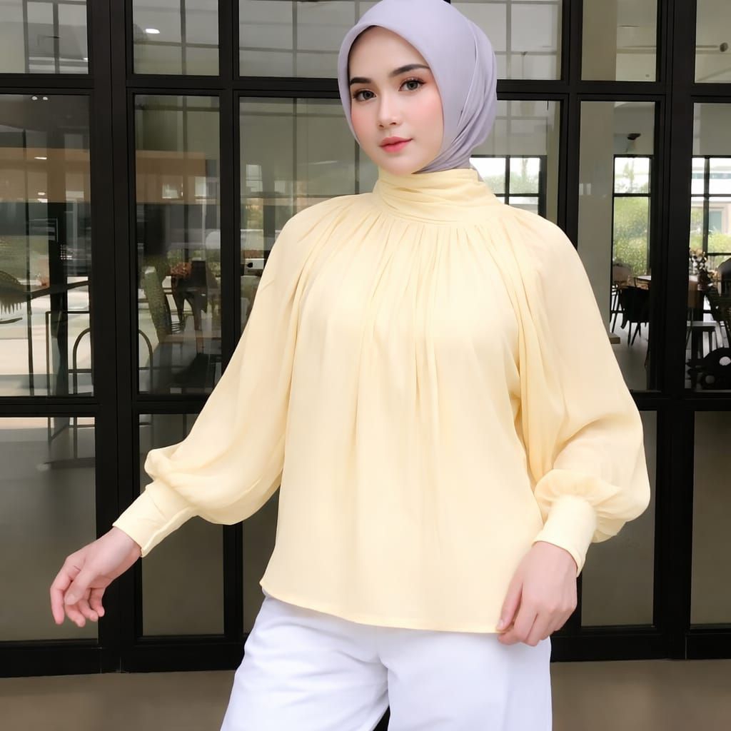 Blouse Turtle Neck Rayon Twill Premium Blouse Lengan Balon Kemeja Katun Flowy