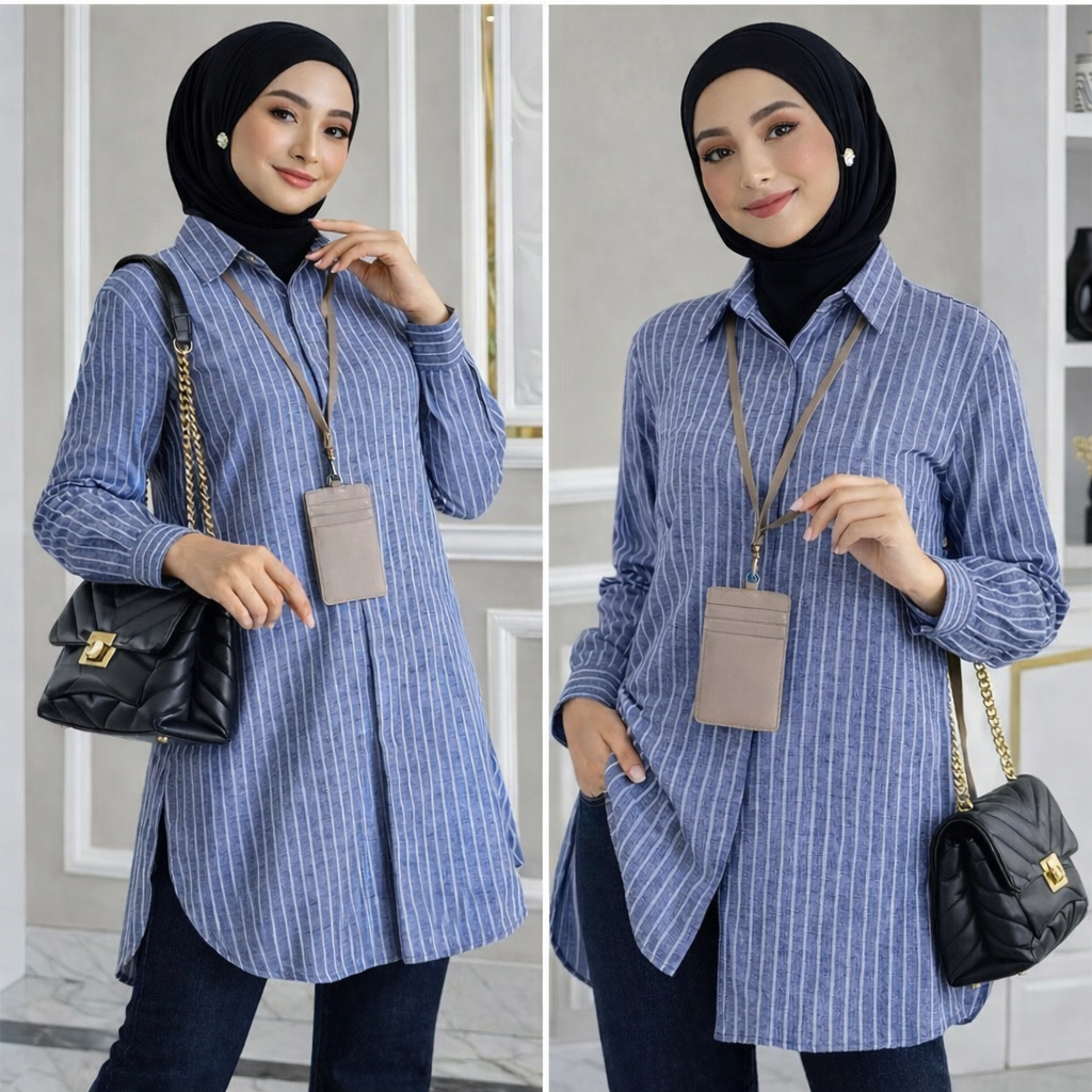 Zalfa Daily tunik PAULINA katun poplin Salur kancing tertutup lengan manset nyaman kerja kuliah