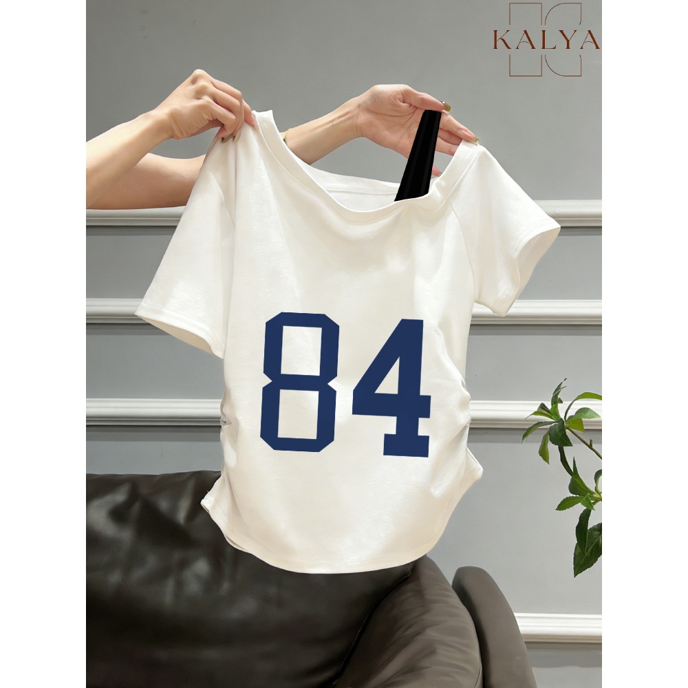 Kalya Atasan Tali Samping Lengan Pendek Korean Style Oversize Kaos Desain Angka 84 Retro Baju Wanita
